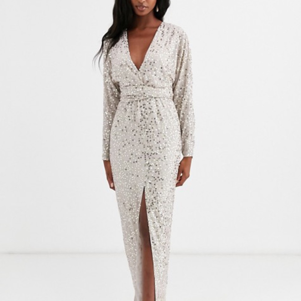 Dress- maxi, long sleeve, front split, sequins